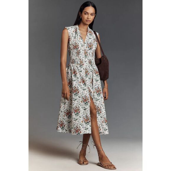 New Anthropologie The Tommie Cap-Sleeve Smocked Front-Zip Midi Shirt Dress M - Picture 1 of 10